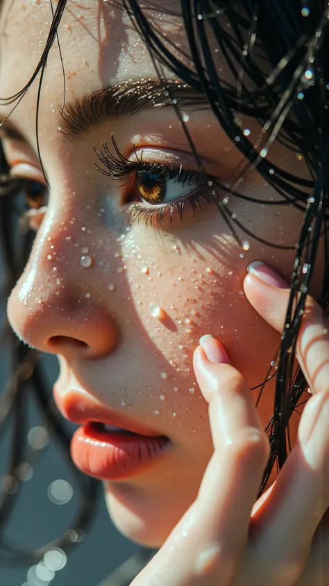 Macro photography, hyper-realistic. Extreme close-up on a beautiful face. Water droplets on eyelashes and skin. One hand gently brushing wet strands of hair from her cheek. Neutral, soft expression. Every pore and droplet in sharp focus.
b0lt0ns,Midjourney...