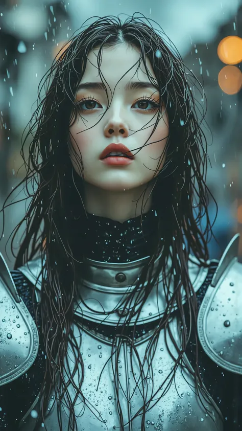 Fantasy, cinematic. A powerful female knight in intricately detailed plate armor, standing in a heavy downpour. Rainwater runs in rivulets down the polished, metallic surfaces. A heroic, determined expression as she sweeps wet hair from her face. Dramatic ...