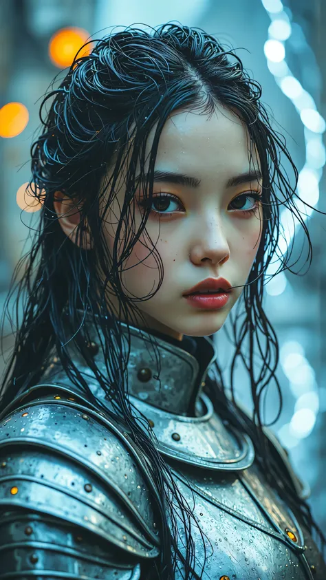 Fantasy, cinematic. A powerful female knight in intricately detailed plate armor, standing in a heavy downpour. Rainwater runs in rivulets down the polished, metallic surfaces. A heroic, determined expression as she sweeps wet hair from her face. Dramatic ...