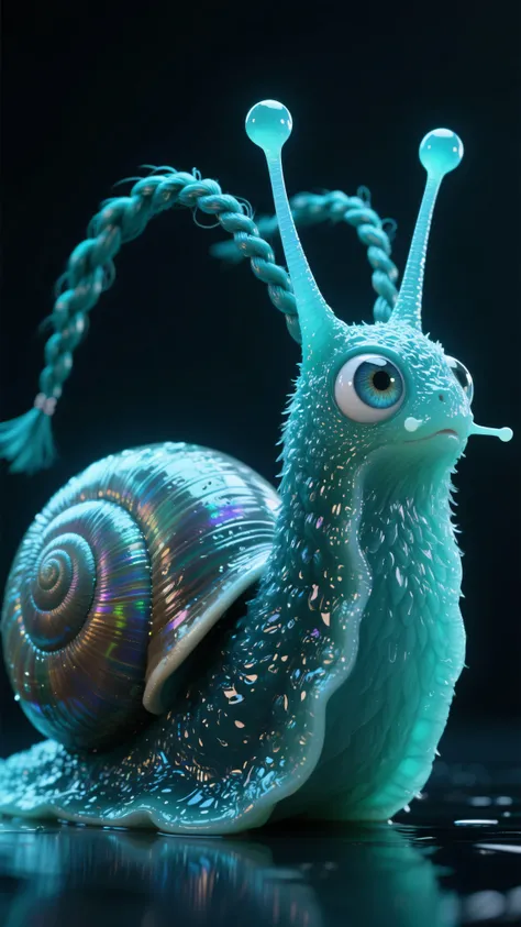 A hyper-realistic version of Gary the Snail. Instead of a shell, his body is covered in a coat of sleek, wet, iridescent fur. His eyestalks are elaborate, antenna-like braids of hair.