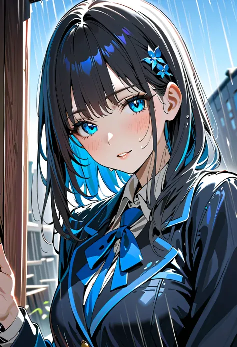 High school girl wet in the rain dark haired inner color is blue wonder