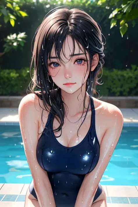 a beautiful girl in a school swimsuit wringing out her own long wet hair, water dripping from the ends of her hair, wet hair clinging to her face, neck, and shoulders, shiny wet skin, visible armpits and slender arms, delicate collarbones, soft facial expr...