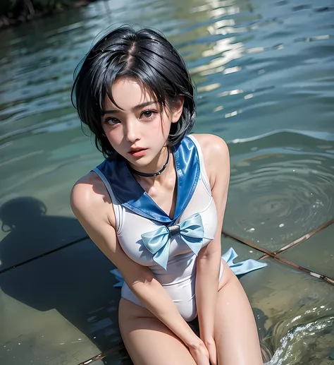Sailor Mercury　 total limb　sailor warrior　white leotard　blue enamel boots　enamel white long gloves　Blue short hair　 very small nose 　beautiful girl　Shame　Blush　 Jockey Boots 　you can see your crotch　sensitive clitoris　Knee-high boots　Beautiful legs　Bare le...