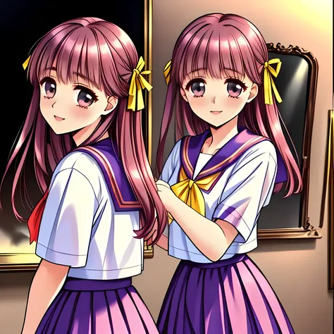 (highest quality, masterpiece:1.5), highest quality, High resolution, 1080p, 8K, (Too beautiful, Sakuragi mai, Girl's love-story comic heroine, ((Too much beloved)) noble grown beautiful beautiful lady with detailed is in a mirror-room : 1.4), (Happy face ...
