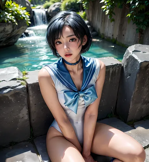 Sailor Mercury　 total limb　sailor warrior　white leotard　blue enamel boots　enamel white long gloves　Blue short hair　 very small nose 　beautiful girl　Shame　Blush　 Jockey Boots 　you can see your crotch　sensitive clitoris　Knee-high boots　Beautiful legs　Bare le...