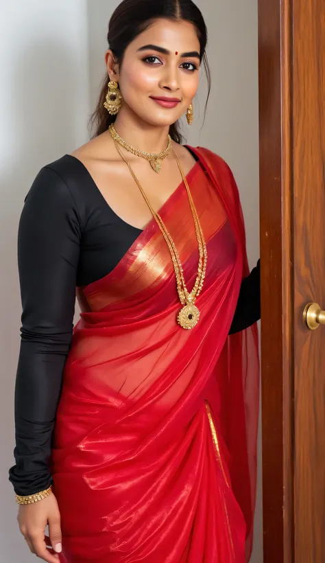 Big breast lady opening door, red transperent saree, black blouse, huge cleavage, plus size breast,breast tight in blouse, nipple visible, lady wear golden long necklace on neck, gold mangalsutra necklace fall down over breast, lust eyes loos hair,