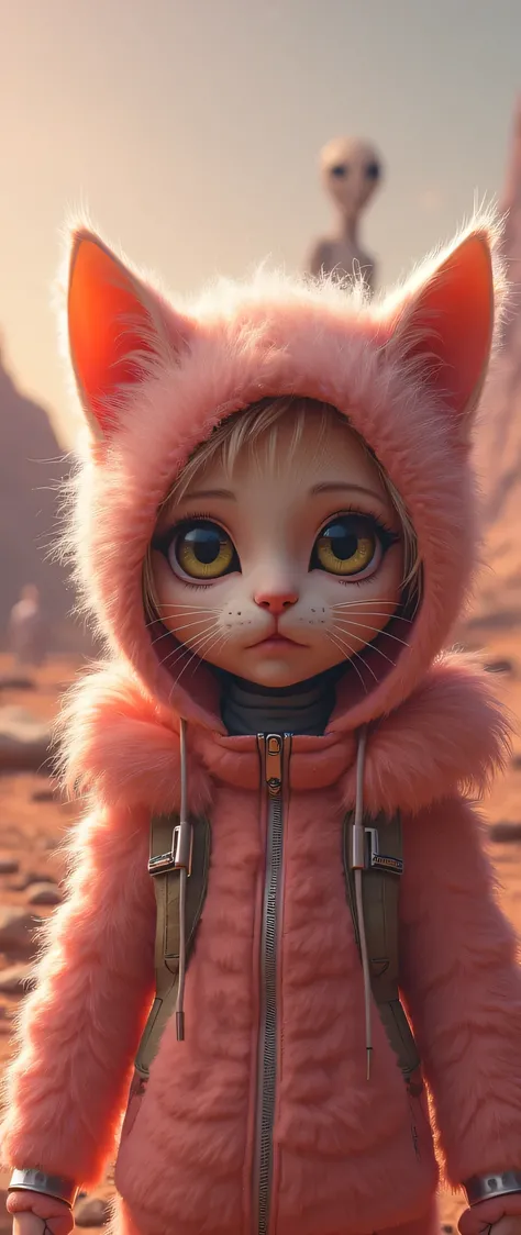 (top quality)、(Super Detailed)、(super high resolution)、(best illustration)、The cat girl who appeared in SF、beautiful armed cat、has a human face and a cat girl's body、Full Body、soft pink fluffy fur、surprised by aliens、Vector art、Layered Textures、progressive...