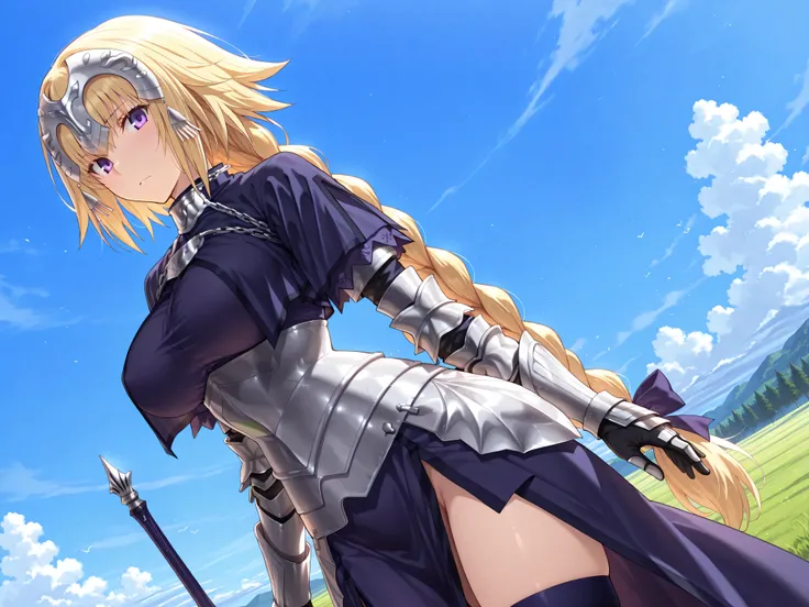 solo,masterpiece,best quality, amazing quality, highres, absurdres, very aesthetic, high resolution, ultra detailed, perfect details,jeanne_d_arc_f-a, 1girl, long hair, blonde hair, thighhighs, armor, braid, gauntlets, headpiece, armored dress, single brai...