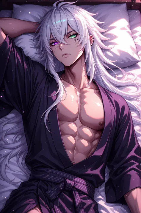 male, handsome, tall, finely detailed purple and green heterochromia eyes and detailed face, puffy lips,, ((very long white hair)), more details, humanoid dragon-god, looking at the viewer, light skin, lying down on bed, detailed textures, (((male focus)))...