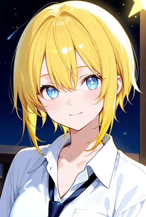 An image of a star with light blue eyes, yellow hair, long