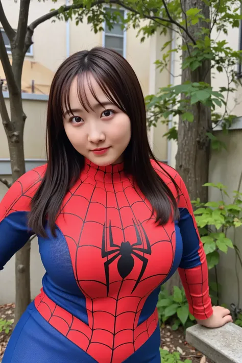 Full-figured body, Plus-size woman, Spider-Man, Peter Parker, NSFW, 1 girl, (cleavage cutout : 2.5), realistic cleavage, (She is wearing nothing but a highly detailed, realistic, skin-tight rubber Spider-Man suit with a plunging neckline. : 1.9), (Deep Cle...