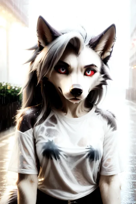 Loona, furry, fluffy tail, solo, white t-shirt, jeans, stands on a wide city street, raining, t-shirt is soaked, wet hair, wet fur, twilight, sad expression, front view, ruanyi1204, rain, outdoors, mid-range shot, ultrahigh details, ultra-realistic photo, ...