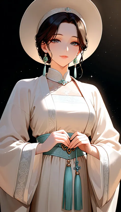 close-up shot of the earring of a beautiful Vietnamese woman wearing traditional Japanese Binh dress and hat, nhat binh clothing
nhat binh clothing
clothes
hat
pants
wide sleeves
long sleeves, adorned with delicate jewelry, in a clear,  Dreamy , and soft s...