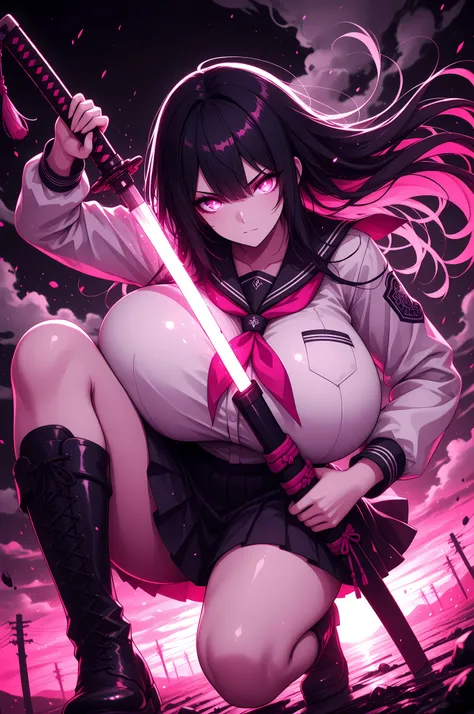(((Masterpiece))), top Quality, dynamic composition, 1girl, hand on katana, unsheathing, school uniform, solo, black hair, looking at viewer, bangs,  fuchsia eyes, long hair, closed mouth, embers, black background, boots, dynamic pose, dutch angle,foreshor...
