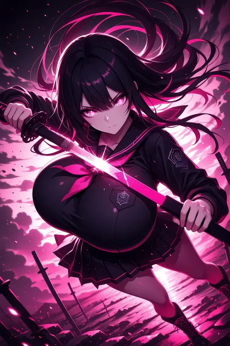 (((Masterpiece))), top Quality, dynamic composition, 1girl, hand on katana, unsheathing, school uniform, solo, black hair, looking at viewer, bangs,  fuchsia eyes, long hair, closed mouth, embers, black background, boots, dynamic pose, dutch angle,foreshor...
