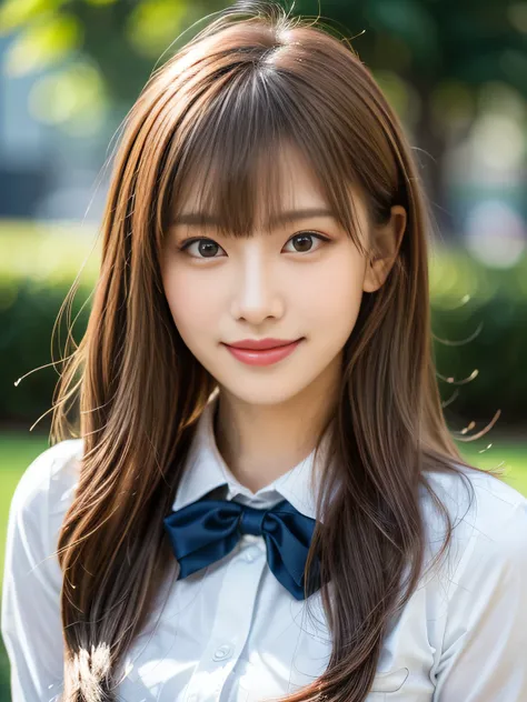close-up portrait, focus on face, wearing a School Uniform with ribbon, seductive smile:1.2, looking at viewer, (elegant posture, soft and feminine pose), realistic skin texture,radiant skin, ethereal aura, subtle highlights, realistic lighting, highly det...