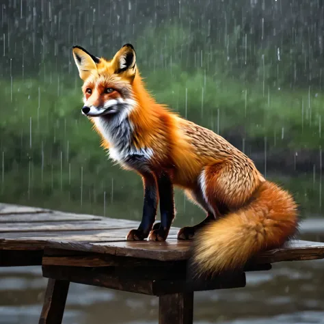 beautiful, wallpaper, full body, red fox on a rainy afternoon, on a wooden table