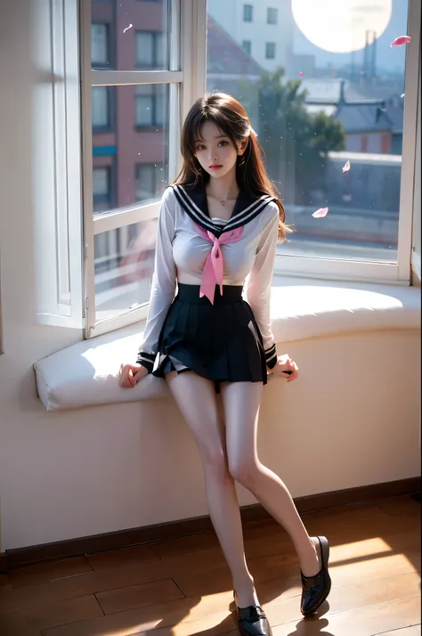 tutututu black school uniform black serafuku sailor collar black miniskirt long sleeves, ,, ((full body:1.4)), ((masterpiece, best quality, ultra highres, realistic:1.4)), (Random shooting Angle), yushuxin,1girl,solo, (I-type Valley), ((Sitting posture)), ...