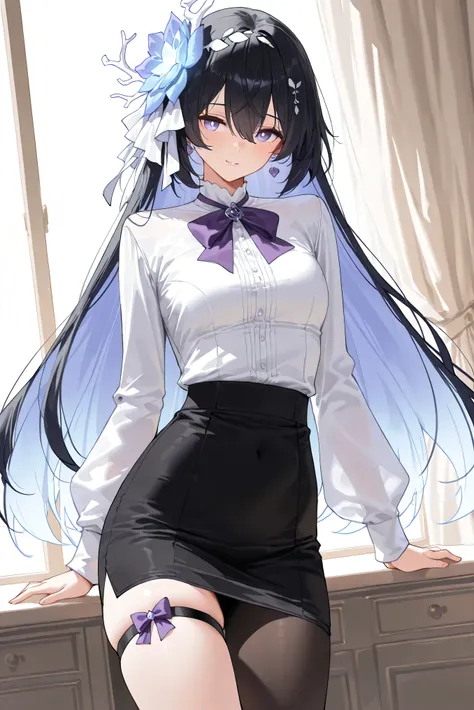 score_9, score_8_up, score_7_up, masterpiece, best quality, very aesthetic, absurdres, tunning image, attractive image, solo, 1girl, adult grown woman, seele vollerei (herrscher of rebirth), black hair, long hair, hair ornament, blue eyes, white pupils, sm...