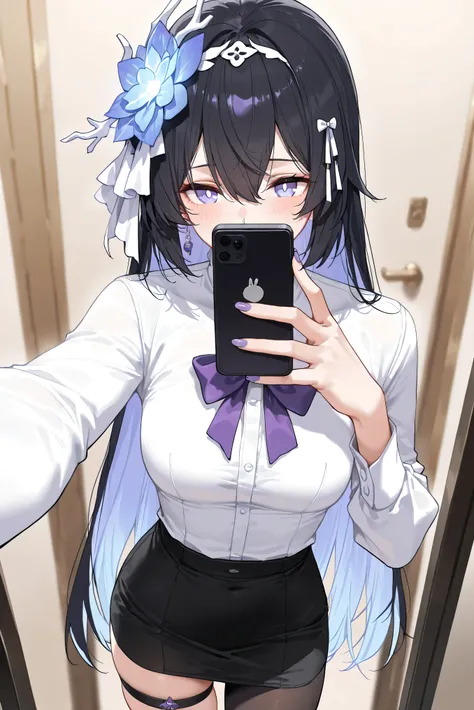 score_9, score_8_up, score_7_up, masterpiece, best quality, very aesthetic, absurdres, tunning image, attractive image, solo, 1girl, adult grown woman, seele vollerei (herrscher of rebirth), black hair, long hair, hair ornament, blue eyes, white pupils, sm...