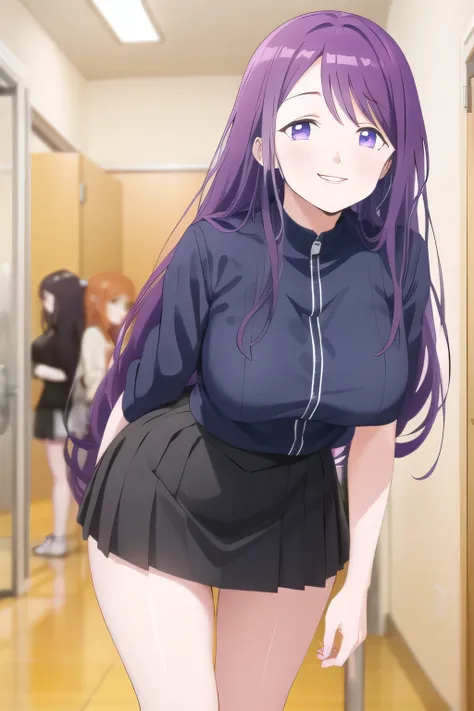Purple Long Hair，Of the uniform，can I draw a nice smile,，High School Uniforms，navy blue mini skirt,，OL ，Building Interior，Let's draw a more delicate expression，A woman with a lovely smile，Delicate facial expressions come first, so I definitely need a face，...