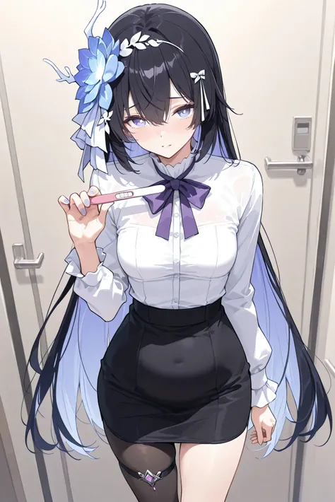 score_9, score_8_up, score_7_up, masterpiece, best quality, very aesthetic, absurdres, tunning image, attractive image, solo, 1girl, adult grown woman, seele vollerei (herrscher of rebirth), black hair, long hair, hair ornament, blue eyes, white pupils, sm...