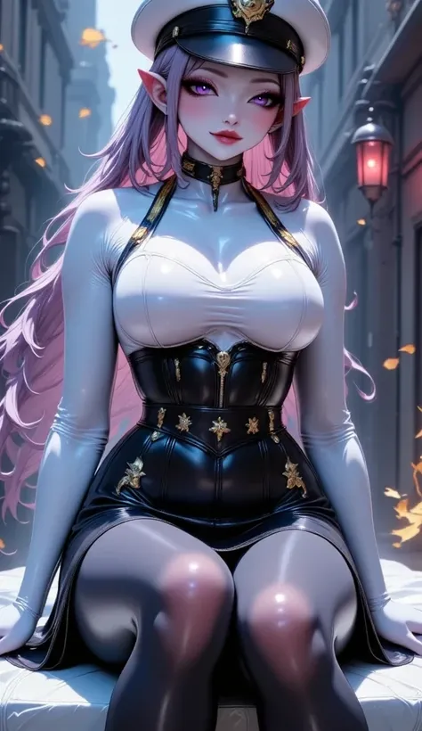  Young Beautiful Dark Elf Women ,( best quality, very detailed depiction , Incredibly Absurd High Definition ,Curvaceous Body, shiny skin with knees,Beautiful legs),(Female military personnel,Female admiral,white-toned latex military uniform with epaulette...