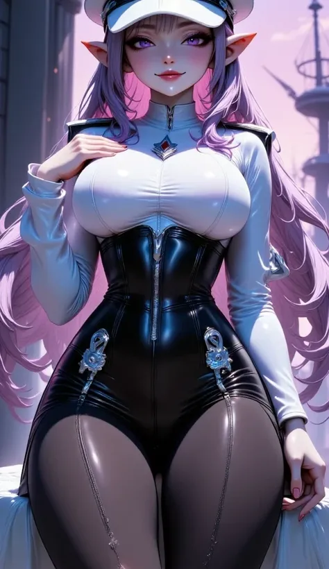 Young Beautiful Dark Elf Women ,( best quality, very detailed depiction , Incredibly Absurd High Definition ,Curvaceous Body, shiny skin with knees,Beautiful legs),(Female military personnel,Female admiral,white-toned latex military uniform with epaulette...