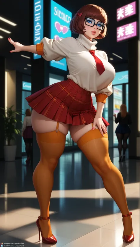 (velma dinkley), (full body),  a woman, Big breasts, thick thighs, sexy pose, beautiful, full lips, blue eyes, bangs, (sexy schoolgirl costume: tight white blouse with red tie, red plaid mini skirt and pleated), fishnet stockings with garter straps, stilet...