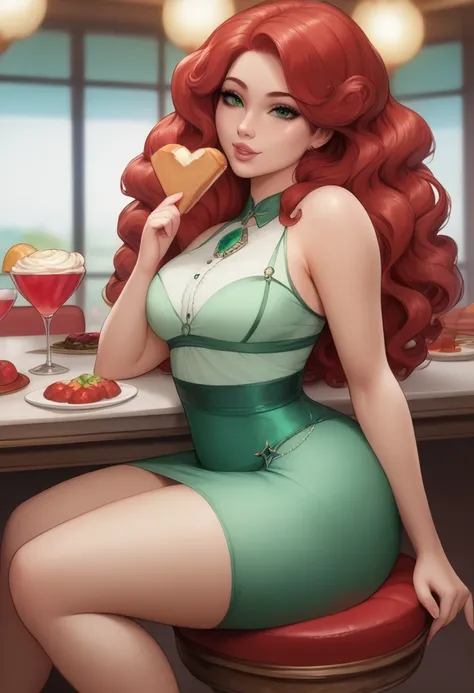 High quality, high resolution,masterpiece, intricate details, 1 girl, solo, beautiful, beautiful face, gorgeous emerald green eyes, long wavy red hair, red plump lips, cute nose, freckles, cool hairstyle, shiny light green top, shiny light green skirt, hig...