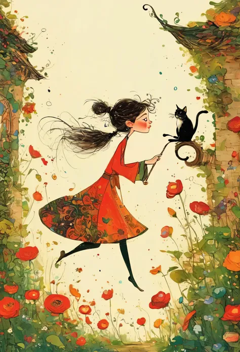 Santiago Caruso's style, jumping girl drawn in the lower right corner of the screen 【flat coated】- ((top quality)), Illustration, Mike Azevedo style by Ewa Poklewska-Koziełłło,Cartoon doodles , Boy playing the trumpet and the cat dancing in a good mood、Bip...
