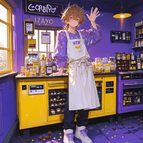 full body, sweets shop background, cozy background, chocolate, taffy, daylight, clean, behind counter, standing, looking at viewer, waving, slightly smile, 1boy, femboy, solo, light skin, eyebags, brown hair, messy hair, ((blue eyes)), (white apron), dark ...