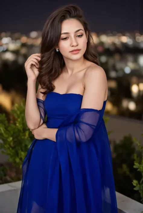 Full body high fashion, curly long hair, floating hair by the wind, extreme artistic, intricate poses, Incredible photorealistic high resolution camera pics in the style of gardenia of a luxury scenic at patio in rooftop with Jakarta city scape,view in the...