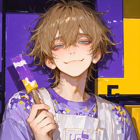 portrait, face focus, sweets shop background, cozy background, holding taffy, tired smile, daylight, clean, standing, looking at viewer, 1boy, femboy, solo, light skin, eyebags, brown hair, messy hair, ((blue eyes)), (white apron), dark slacks, (yellow and...