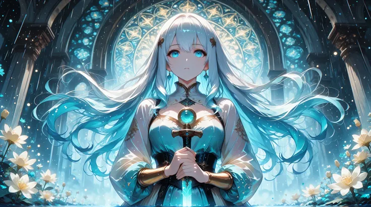 A graceful anime girl floating around holding a sword in a threatening way, her dress shining in yellow and light blue tones, a challenging and penetrating look with a subtle mysticism, ethereal mystery swirling around her, all bathed in layers of warm lig...