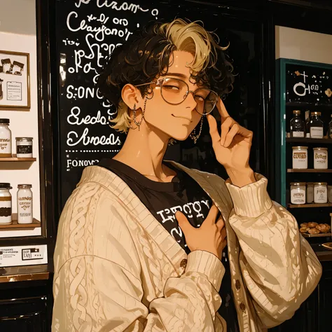 portrait, face focus, sweets shop background, cozy background, hand on glasses, hand on chest, standing, relaxed posture, happy expression, 1boy, femboy, mature, solo, tanned skin, curly hair, short hair, black hair, blonde two-tone hair, brown eyes, glass...