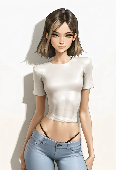 TEW2Juli, 1girl, skinny, narrow waistline, small breasts, brown hair, light brown highlights in hair, pale green eyes, smokey eyes, looking at viewer, tight jeans, t shirt shirt, thong straps, , sam yang face, shirow masamune, Lena Anderson, realistic, , h...