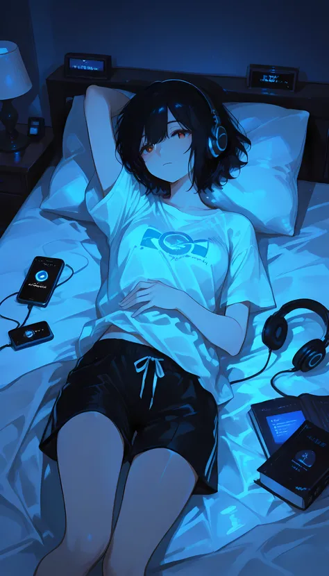The image depicts a person lying on a bed, wearing a light-colored t-shirt and dark shorts. The person has short, dark hair and is resting on a pillow with one arm raised. To the right of the person, there is a smartphone with a blue screen, and a pair of ...