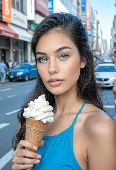 A girl standing casually on a city street during the day, holding an ice cream in her hand. Realistic style, summer outfit, natural pose, urban background with slight depth of field blur.