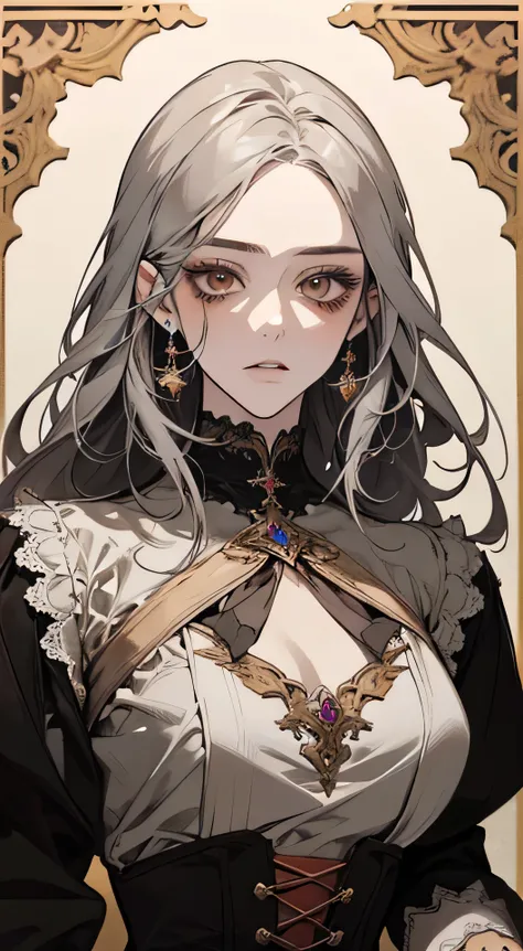 A picture of a woman with gray hair and an orange top, Nice animated face portrait , Guwayiz, Beautiful Animated Portraits, Her image is depicted with red paint, has an overwhelming effect. This picture is very detailed, It depicts a woman's face and clot...