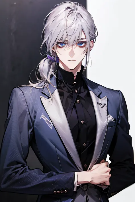 male, loose silver hair with bangs, Low ponytail, Blue eyes close to purple, slender