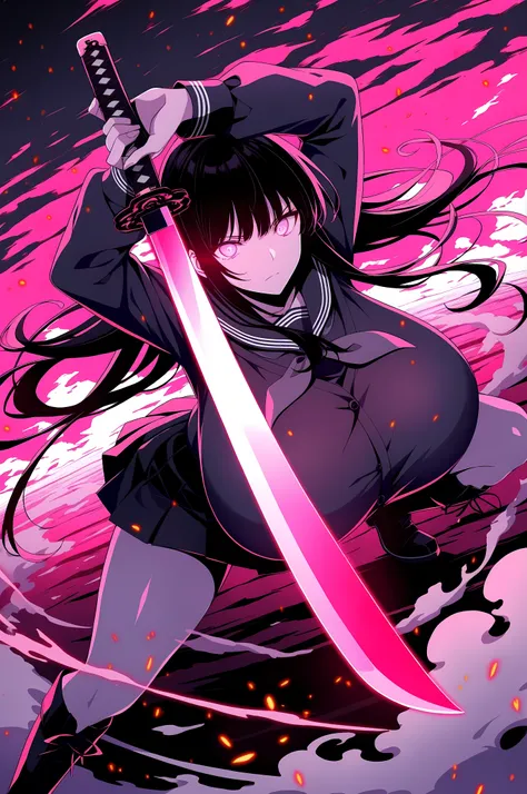 (((Masterpiece))), top Quality, dynamic composition, 1girl, hand on katana, unsheathing, school uniform, solo, black hair, looking at viewer, bangs, fuchsia eyes, long hair, closed mouth, embers, black background, boots, dynamic pose, dutch angle,foreshor...