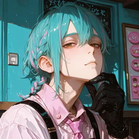 portrait, face focus, sweets shop background, cozy background, neutral expression, hand on chin, looking at viewer, soft lighting, daylight, 1boy, femboy, solo, pale, brown eyes, teal hair, pink streaked hair, short braid, button shirt, pink tie, suspender...