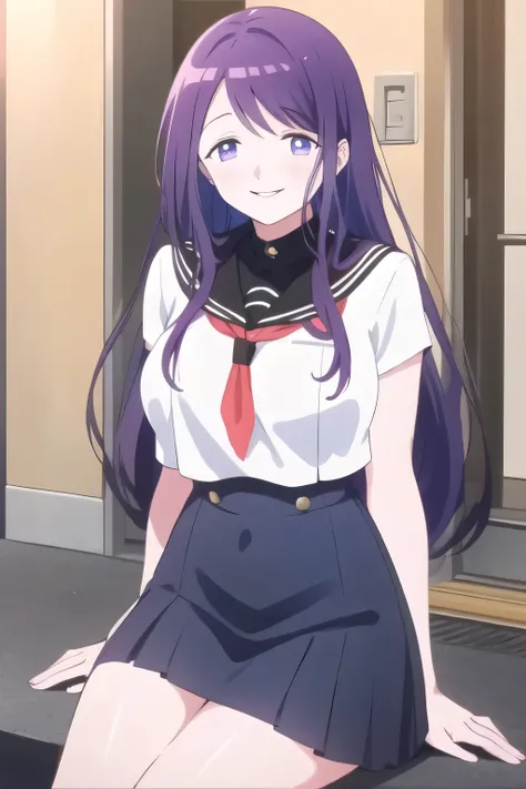 Purple Long Hair,Uniform ,Can you draw a nice smile,,High School Uniforms,navy blue miniskirt,,OL ,Inside the building,Let's draw a more delicate expression,A woman with a lovely smile,Delicate expression is given top priority, so I definitely need a face,...