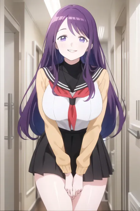 Purple Long Hair,Uniform ,Can you draw a nice smile,,High School Uniforms,navy blue miniskirt,,OL ,Inside the building,Let's draw a more delicate expression,A woman with a lovely smile,Delicate expression is given top priority, so I definitely need a face,...