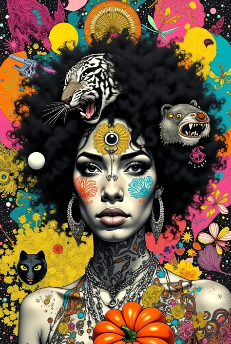 A vibrant, psychedelic poster or graphic design. It's a collage-style image overflowing with a multitude of designs and motifs. A central figure is a woman with an afro, her face rendered in a stylized, graphic, black and white line art style, featuring a ...
