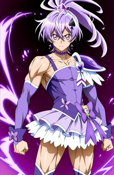 score core 8 up、score 7 up、source anime、傑作、Best quality、Best resolution、anime coloring、anime screencap、1boy、cure sword、(male:1.5)、purple haired male character is wearing a purple dress、high short ponytail hair、spade shape hair ornament、solo、portrait of mag...