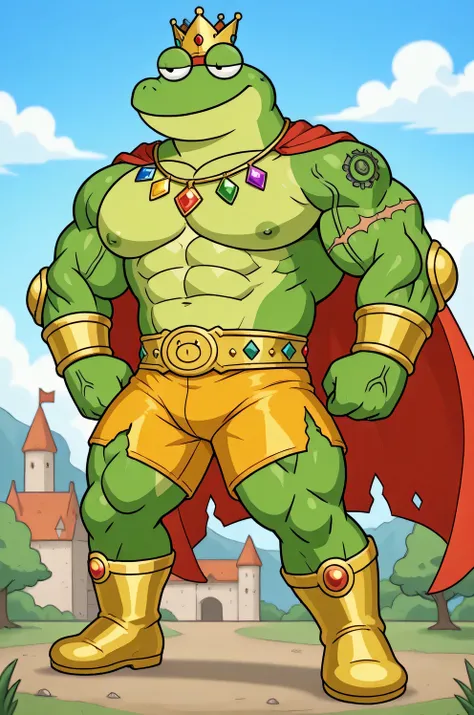 A green giant cartoon 2d frog king, gigantic chin, biggest muscular body, ginomous biceps enormous pectorals, golden bracelets with colorful jewels, golden necklaces with colorful jewels, golden chest, golden wrestler champions belt, Red headband. Golden w...