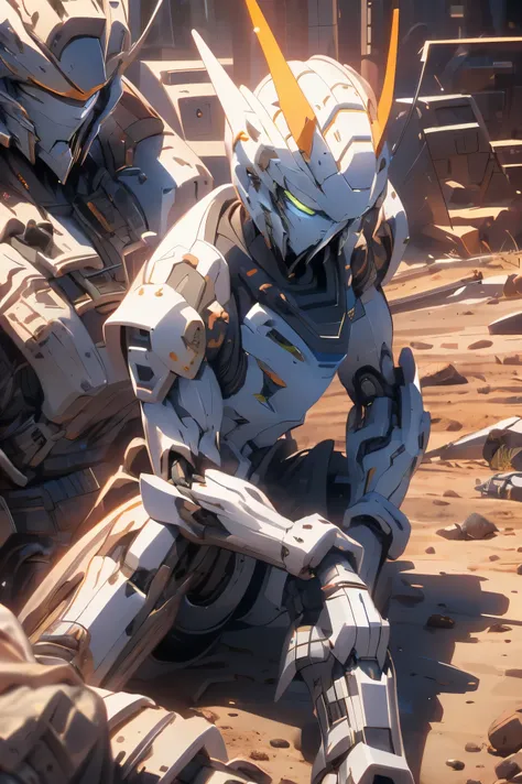 battlefield,Mecha ,SF,Mecha armor,Science fiction, Mechanized, armed soldiers. Dirt and mud. Machine guns. Taking a short rest on their knees. Sharp eyes. Sniping enemy soldiers on a tense battlefield.