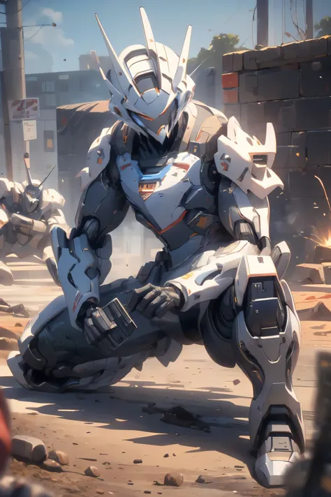 battlefield, Mecha ,SF, Mecha armor, Science fiction, Mechanized, armed soldiers. Dirt and mud. Machine guns. Taking a short rest on their knees. Sharp eyes. Sniping enemy soldiers on a tense battlefield. Mechanized, armed soldiers. Dirt and mud. Machine g...